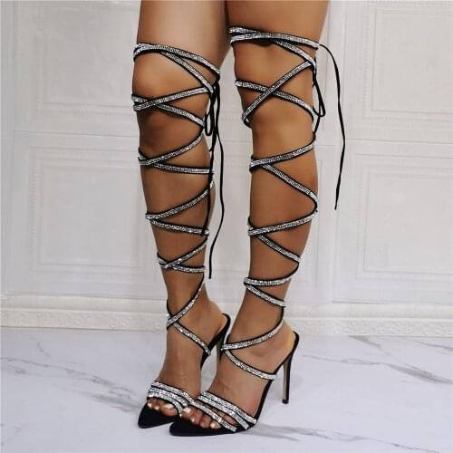Real Photo Women Bling Rhinestone Summer Sandals Boots High Heels Open Toe Strappy Shoes Over The Knee Botas Woman Plus Size 15