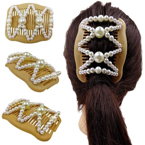 Retro Style Double Insert Hair Combs Clips Stretch Beaded Bun Maker Tools