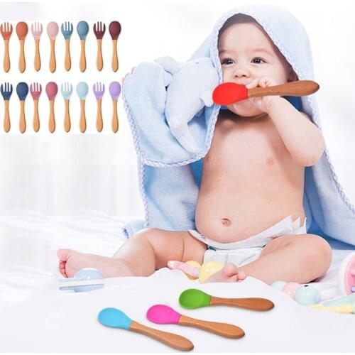 Detachable Baby Tableware Wooden Handle Kids Spoon Fork Set With Silicone Tip Infant Self Learn Feeding Dinnerware Free Shipping