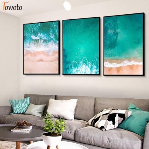 Nordic Poster Aerial Ocean Water Canvas Painting Blue Beach Surfing Print Gallery Wall Art Wall Pictures for Living Room Decor