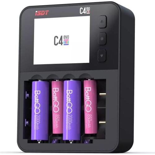 ISDT C4 EVO Smart Battery Charger with Type-C QC3.0 Output for AA AAA Li-ion Battery with IPS Display Screen and Fire Prevention