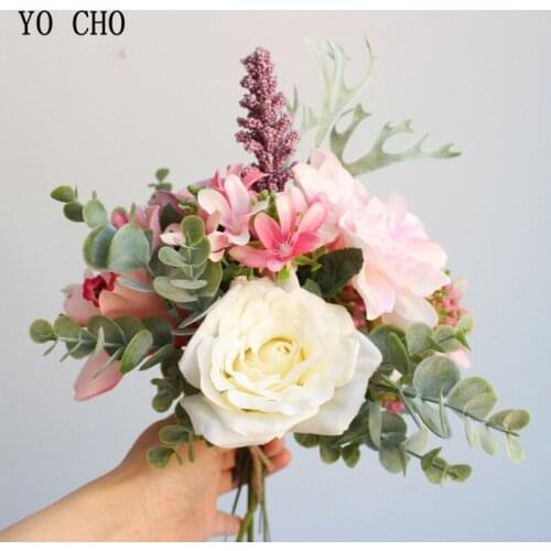 YO CHO 1 Bouquet Artificial Rose Silk Flowers Home Wedding Party Decor Fake Plants Silk Flore Vase Desk Table Decor Fake Flowers
