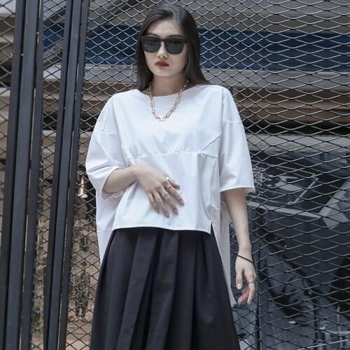Ladies summer new Japanese department of art irregular design lovers with solid color loose bat large size short sleeve T-shirt