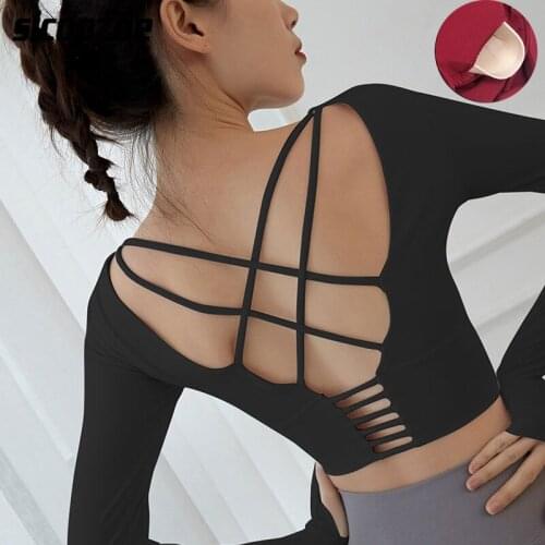 Beauty Back Fitness Shirt Women Quick Dry Running Training CropTop with Chest Pad Seamless Long Sleeve Yoga Workout Bras