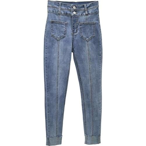 Super high waist abdomen denim jeans female spring Korean version large size skinny ankle length pencil pants wq1068 dropship