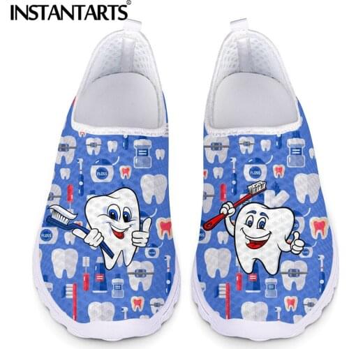 INSTANTARTS Cute Cartoon Tooth Print Women Slip On Dentist Sneakers Mesh Ladies Flat Shoes Light Casual Summer Female Loafers