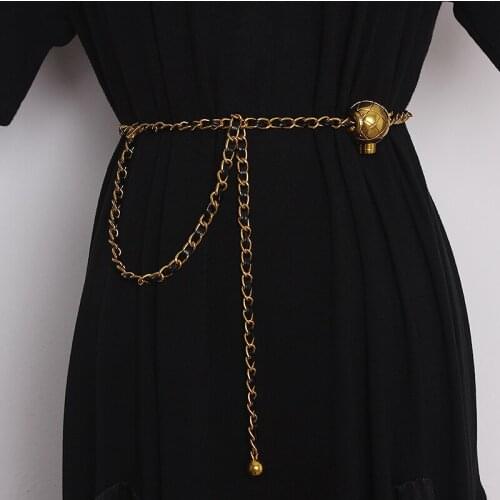 Womens Runway Fashion PU Lerther Metal Chain Cummerbunds Female Dress Corsets Waistband Belts Decoration Narrow Belt TB1922