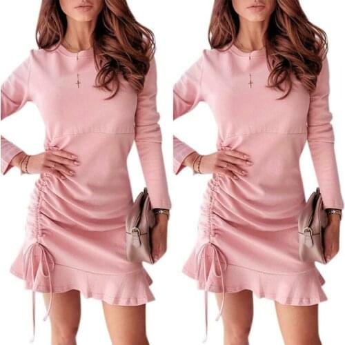 Womens Ruffle Short Dress Holiday Drawstring Long Sleeve Slim Mini Dress Casual Modern Stylish Round Neck Slimming Women Dress