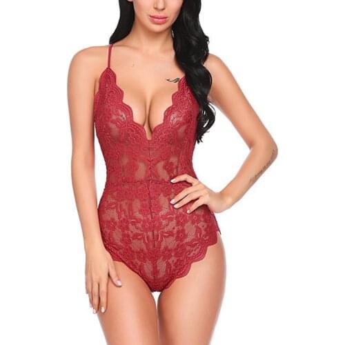 Women Sexy Lingerie Transparent Lace One Piece Bodysuit Sleepwear Mesh Lace Floral See-through Teddies Catsuit Erotic Sex Costu