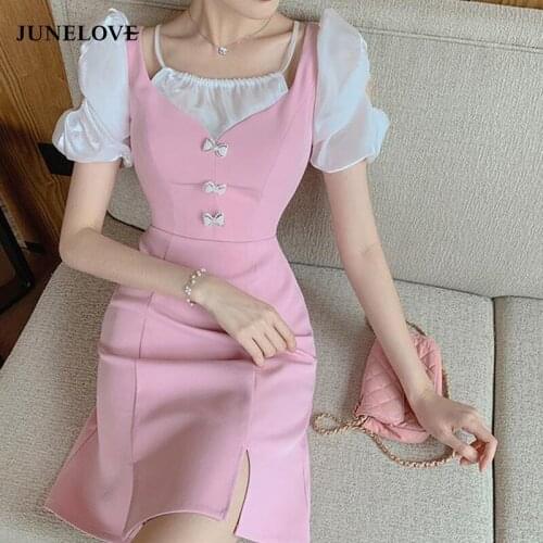 JuneLove Sweet Sexy Split Mini Dress Women French Fit Chic Patchwork Pink Chiffon Dress Casual Bow Short Sleeve Dress New Summer