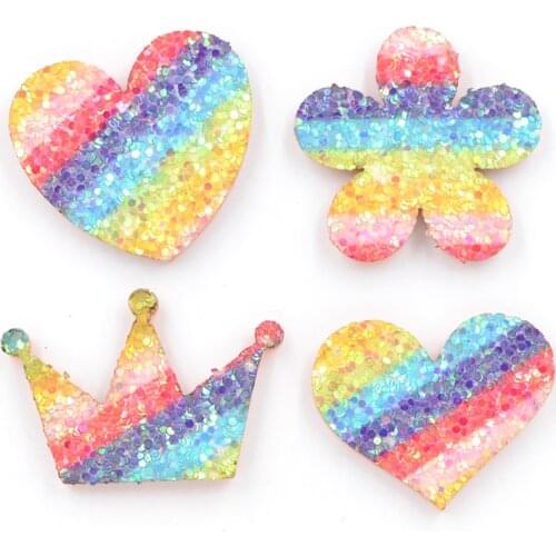 20Pcs Glitter Rainbow Pads Patches Heart/Flower/Crown Iridescence Appliques for Clothes Sewing Supplies DIY Hair Bow Decor F25