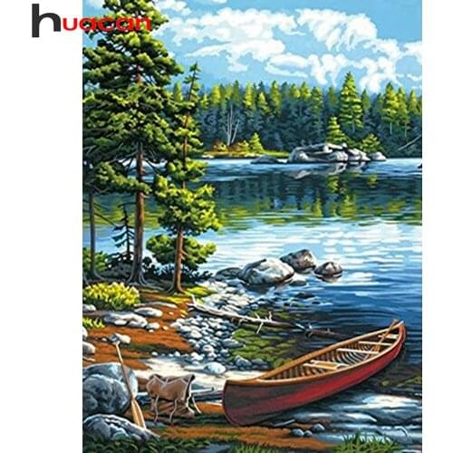 Huacan 5d Diamond Painting Full Drill Natural Scenery Mosaic River Boat Embroidery Forest Landscape Home Decor