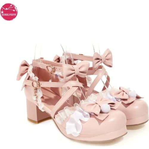 Summer Lolita Shoes Ruffles Pompom Bowknot Lace Bridal Wedding Sandals Women Ankle Strap Chunky High Heel Graduate Evening Party