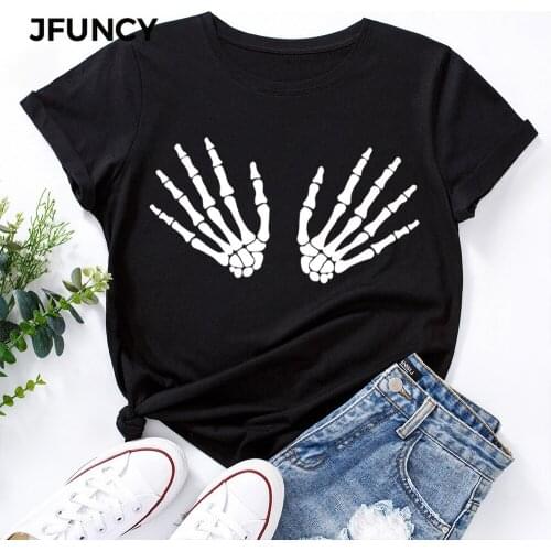 JFUNCY Plus Size Cotton T-Shirt Women T Shirt Spoof Skeleton Hand Print Short Sleeve Woman Shirts Summer Graphic Tees Female