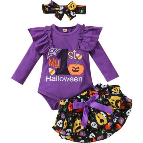3pcs Baby Girls Halloween Clothes Set Purple Letter Cartoon Printed Long Sleeve Romper Top Tutu Skirt Headdress Outfit