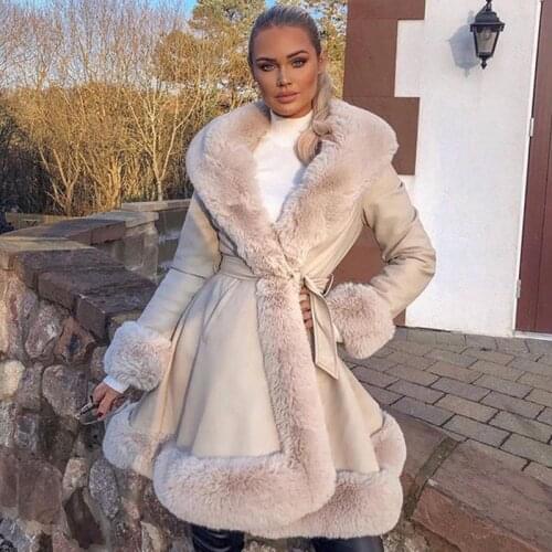 CP Side Pockets Jackets Women Vogue PU Leather Tie Belt Waist Long Coats Women Elegant Solid Faux Fur Jackets Female Ladies