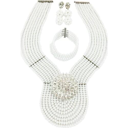 Fashion White African Beads Jewelry Set Crystal Nigerian Wedding Necklace Beaded Bracelet Earrings Sets 8WD05