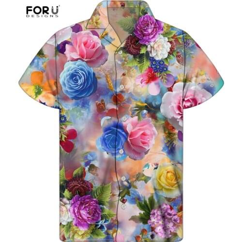 FORUDESIGNS Mens 2020 Fashion Blouse Tops Hawaiian Floral Flower Pattern Male Casual Cuban Holiday Vacation Chemise Homme