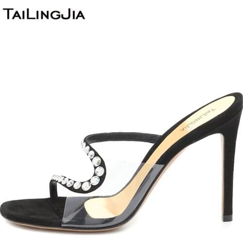 Black Clear Heels for Women 2020 High Heel Mules Heeled Slides Slippers Slide Sandal Ladies Transparent Shoes Diamond Sandals