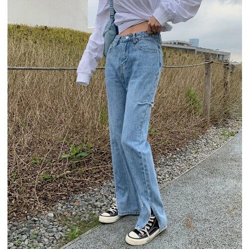 2021 New High Waist Womens Blue Jeans Spring Straight Split Pants Vintage Sense of Design Streetwear Baggy Femme Denim Trouser