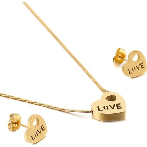 New simple hollow heart-shaped LOVE necklace + earrings two-piece set holiday