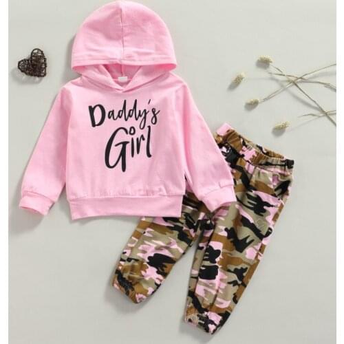 Girls Casual Two-piece Clothes Set, Pink Hooded Pullover and Camouflage Printed Pattern Pants Spring Autumn