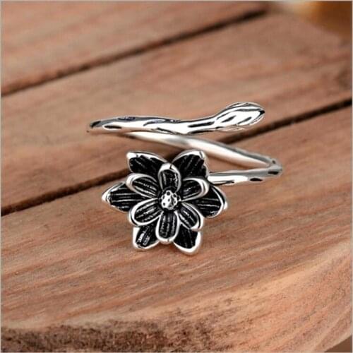 Retro Thai Silver Lotus Simple Ethnic 925 Sterling Silver Jewelry Temperament Flower Opening Lotus Rings R673