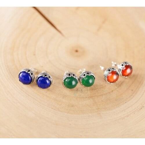 Sterling Silver Earrings Luck Lapis Lazuli / Red Green Jade Round Stud Earrings 16x10mm Gift For Women