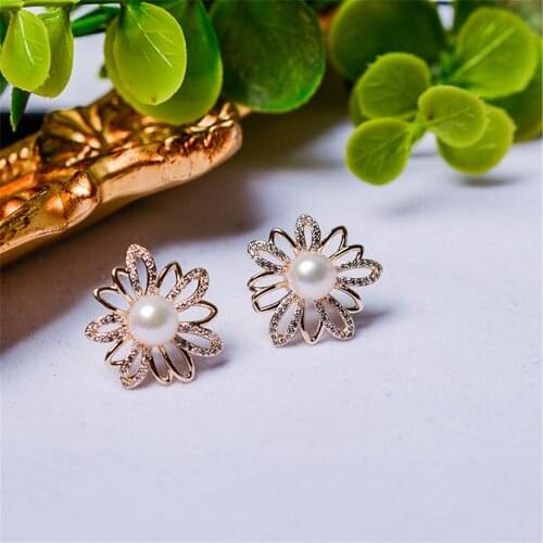 Retro Flower Pearl Earring with Zircon Diamond Setting 14K Gold Filled Silver 925 for Women and Girls