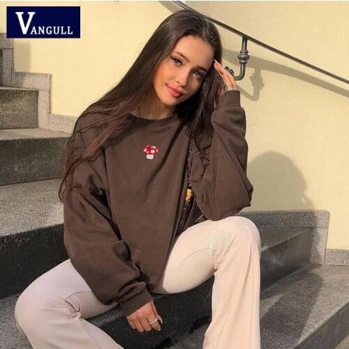 Vangull Solid Mushroom Embroidery Oversized Sweatshirts Women Vintage Brown Crewneck Long Sleeve Loose Tops Fashion Streetwear