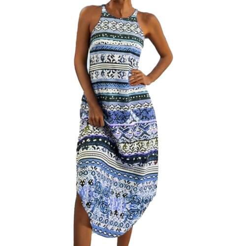 Bohemian Women Dress Elegant Floral Print Irregular Hem Summer Dresses Sleeveless Plus Size Round Neck Dress Beach Party