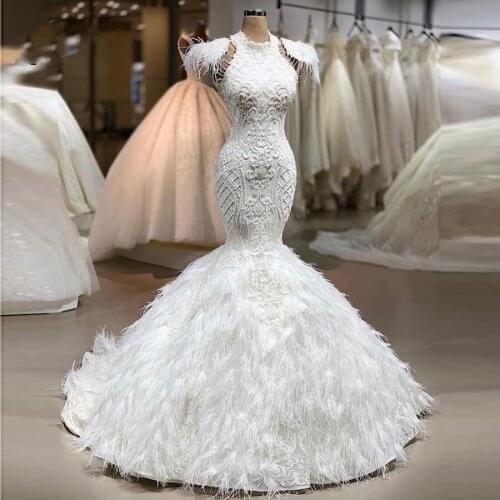 Gorgeous Saudi Arabian Wedding Dresses Beads Mermaid Appliques robe de mariee Bridal Gown trouwjurk Wedding Dress Long Ostrich