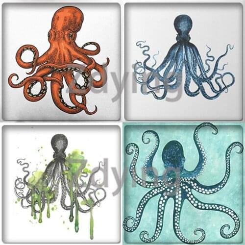 Zdying Vintage Octopus Fish Square Shape Glass Cabochon Art Photo Beads Demo For Base Tray Flat Back DIY Jewelry Findings