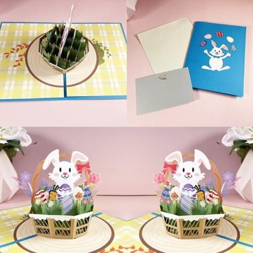 Y1UU 3D Pop-Up Bunny Flower Basket Easter Cute Animal Greeting Cards with Envelope
