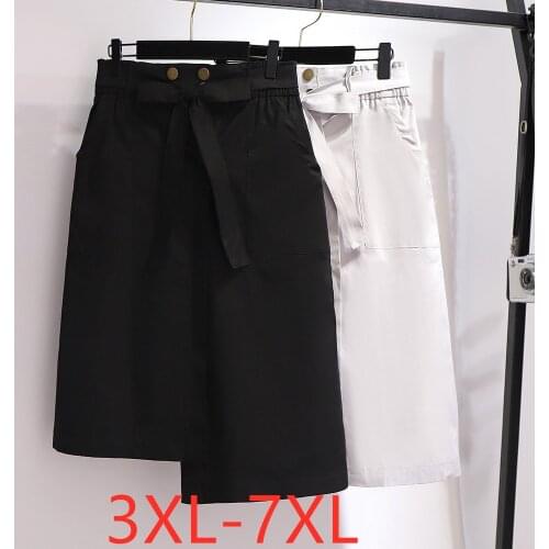 New 2021 Korea summer plus size midi skirt for women large casual loose bow pocket belt skirts black white 3XL 4XL 5XL 6XL 7XL