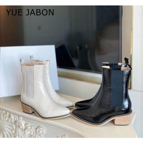 Handmade Ankle Boots Women High Heel Cow Leather Pointed Toe Shoes Slip on Casual Autumn Winter Shoes Wood Sole Chelsea Boots
