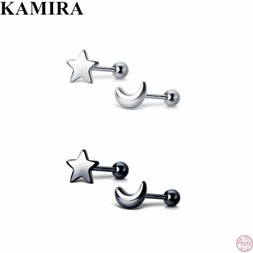 KAMIRA 925 Sterling Silver Sweet Small Star Moon Spiral Bead Stud Earrings for Women Birthday Punk Cute Piercing Jewelry New 피어싱