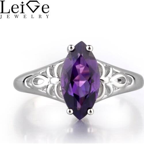 Leige Jewelry Natural Amethyst Purple Color Engagement Rings For Woman Marquise Shape Prong Setting Solitaire Ring 925 Silver