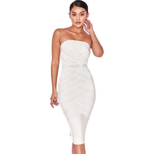 S Curve Strapless Rayon Bandage Midi Dress Party High Quality Off The Shoulder Solid Color Geometric Pattern Sexy Bodycon Dress