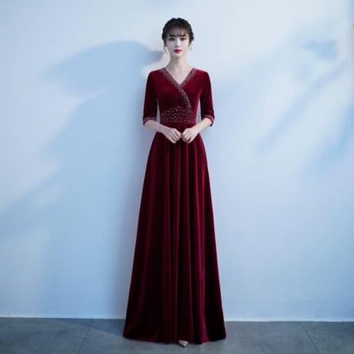 Burgundy Simple V-Neck Half Sleeves Evening Dress Empire A-Line Elegant Ruched Floor-Length New Woman Formal Party Gowns A1294