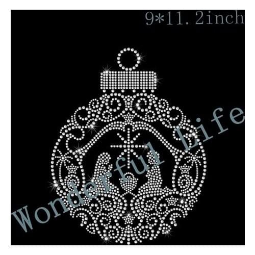 Free shipping Large Nativity Ornament Iron on HotFix Rhinestone Bling Holiday Heat Transfer Applique