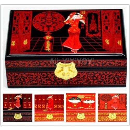 26x14x8cm Chinese Handwork Retro Wooden Box 2 Layer Wedding Engagement Storage Box with Mirror Display Jewelry Box Carrying Case