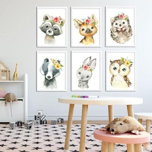 Watercolor Woodland Baby Animals Canvas Poster Hedgehog Badger Raccoon Nursery Print Poster Baby Baby Shower Gift Decor
