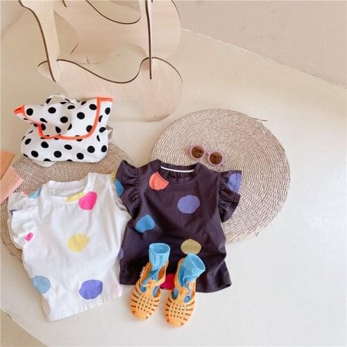 2021 Girls' Short Sleeve T-shirt O-neck Ruffle Colorful Polka Dot Printed Pattern Baby Girl Top T-shirt Summer Children Clothing