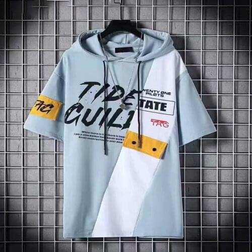 Summer Korean Harajuku Color Block Top Daily Casual Short Sleeve Shirt Mens T-shirt Hooded Gothic Text Print T-shirt