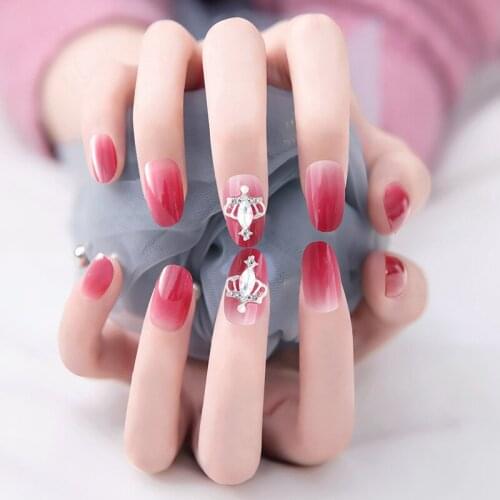 24Pcs/Box Red 3D Crown False Nails Adhesive Sliders Nail Sticker Wear Long Manicure Patch Fully Covered DIY Nail Art Decoration