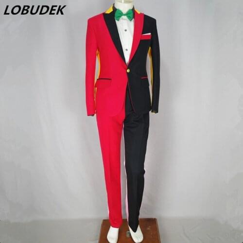 Male Irregular Red Black Blazers Pants Suits Nightclub Magician Clown Performance Costume Nightclub DJ Host Hip Hop Stage Outfit