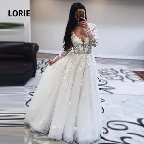 LORIE Long Sleeve Lace Wedding Dress Illusion V-neck Backless Bridal Gowns A-line Princess Beach vestido de noiva mariage