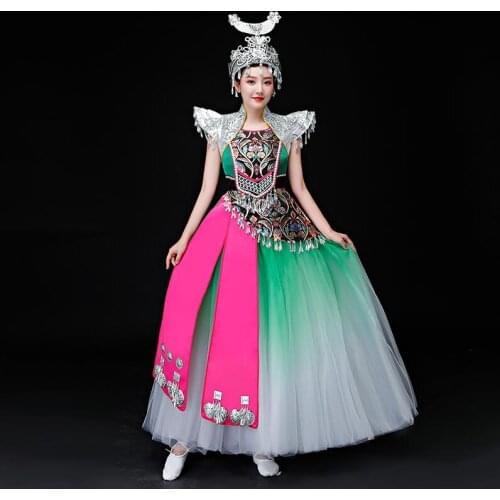 Miao Zhuang Ethnic minority festival celebrate group dance stage performance long dress costumes unique