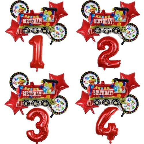 6pcs Red Star Happy Birthday Train Foil Balloons Set 30inch Number Air Globos Baby Shower Birthday Party Decorations Kids Toys